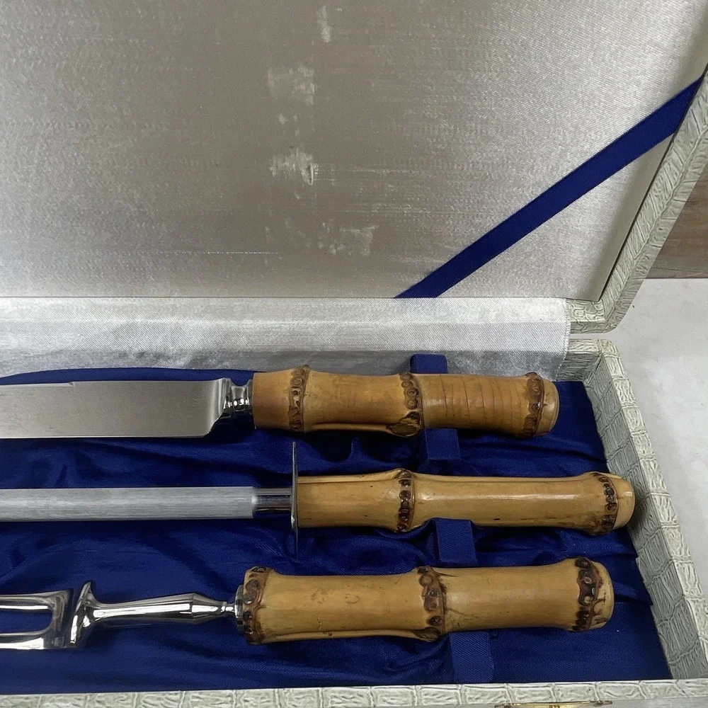 Vintage 3pc Carving Set Bamboo Wood Handles Knife Fork Steel w/ Case